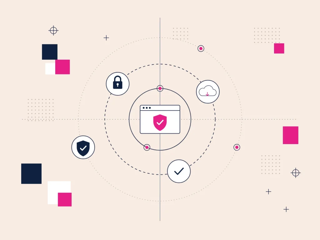 Website security illustration with a padlock, a shield and a check mark